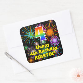 4. Geburtstag: Fun Fireworks Look, Rainbow # 4 Quadratischer Aufkleber