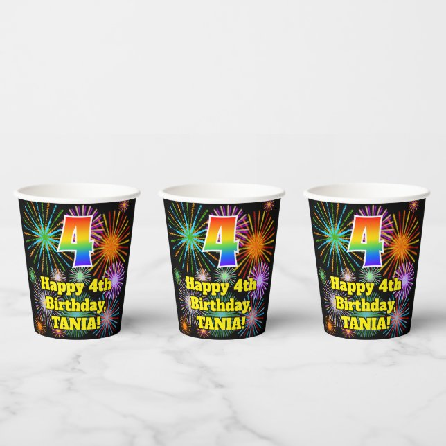 4. Geburtstag: Fun Fireworks Pattern + Regenbogen  Pappbecher (Multi)