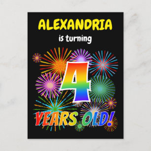 4. Geburtstag - Fun Fireworks, Regenbogen Look "4" Postkarte
