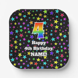 4. Geburtstag: Fun Stars Pattern und Regenbogen "4 Pappteller