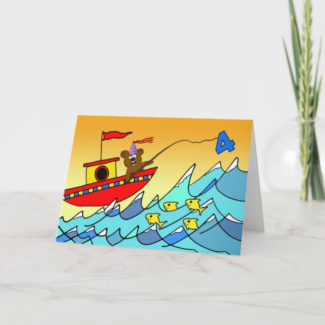 4. Geburtstag für Kind, Party Bären Fischen Karte (Vorderseite)