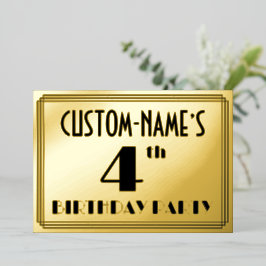 4. Geburtstag Party — Art Deco Look "4" + Name Folieneinladung