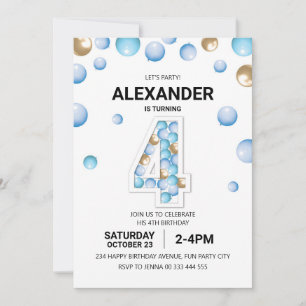 4. Geburtstag Party, Blue and Gold Balloon Boy Einladung