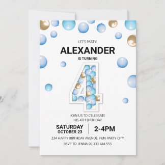 4. Geburtstag Party, Blue and Gold Balloon Boy Einladung