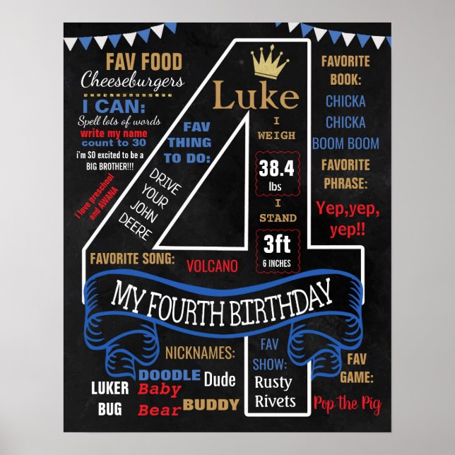 4. Geburtstag Party Chalkboard Zeichenjunge Poster (Vorne)