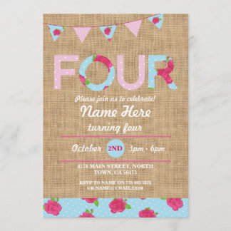4. Geburtstag Party Vier Burlap Rose Floral Einlad Einladung