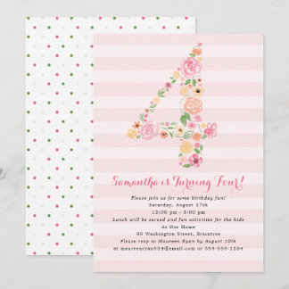 4. Geburtstag Pink Watercolor Florals in Nr. 4 Einladung