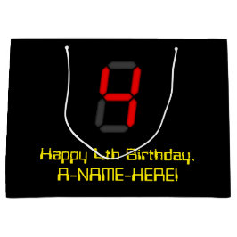 4. Geburtstag: Red Digital Clock Style "4 + Name Große Geschenktüte