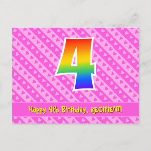 4. Geburtstag: Rosa Streifen & Herzen, Regenbogen  Postkarte