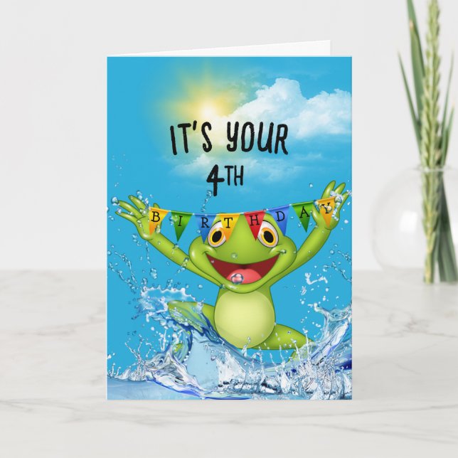 4. Geburtstag Springfrosch im Wasser Karte (Vorderseite)