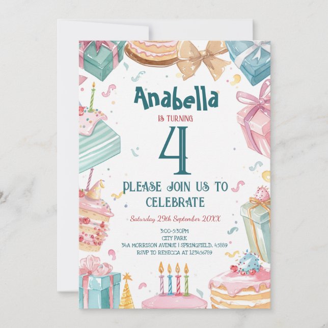 4. Geburtstag und Cakes Kindergeburtstag Party Einladung (Vorderseite)