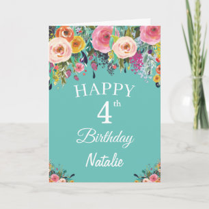 4. Geburtstag Wasserfarben Blume Aquamarin Karte