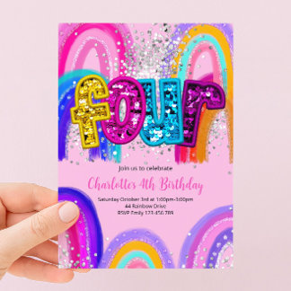 4. Geburtstags-Einladung mit Pailletten-Regenbogen Einladung