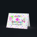 4. Geburtstags-Enkelin Karte<br><div class="desc">Eine Spaß-Party-Geburtstagskarte für eine Enkelin mit 4-Jährigen mit Confetti im Hintergrund in den Pastellfarben,  in der Mitte mit buntem "glücklichem 4. Geburtstag" und "in der Enkelin" im Schwarzen. Auf der linken Seite der Wörter finden Sie einen rosa Polkapunktballon und einen grünen Polkapunktballon,  einen Partyhut auf Recht.</div>