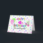 4. Geburtstags-Enkelin Karte<br><div class="desc">Eine Spaß-Party-Geburtstagskarte für eine Enkelin mit 4-Jährigen mit Confetti im Hintergrund in den Pastellfarben,  in der Mitte mit buntem "glücklichem 4. Geburtstag" und "in der Enkelin" im Schwarzen. Auf der linken Seite der Wörter finden Sie einen rosa Polkapunktballon und einen grünen Polkapunktballon,  einen Partyhut auf Recht.</div>