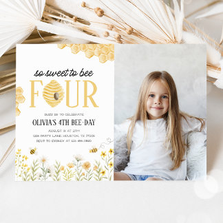 4. Geburtstags-Foto "Sweet to Bee Four Bee" Einladung