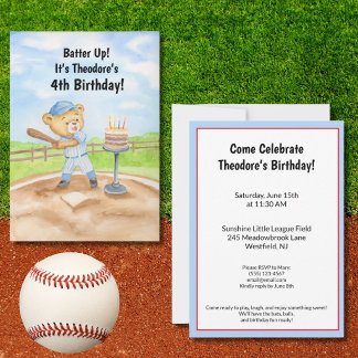 4. Geburtstags-Tee-Ball-Teddybär-Baseball Einladung