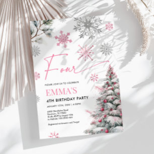 4. Geburtstagseinladung, Rosa Winter 4. Geburtstag Einladung