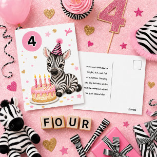 4. Geburtstagskarte für Mädchen Süße Zebra-Postkar Postkarte