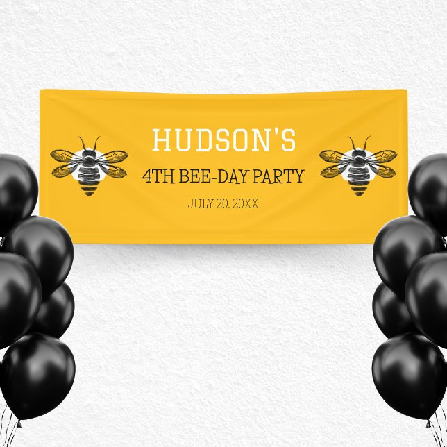 4. Geburtstagsparty Banner (Modern Yellow Bee Day 4th Fourth Birthday Party Banner)