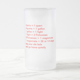 4 halbe Liter = 1 Quart 4 Quarts = 1 Gallone 1 Mattglas Bierglas