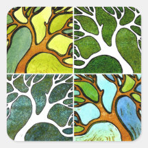 4 handgeschnitzte Bäume in Aquarell und Pen & Tint