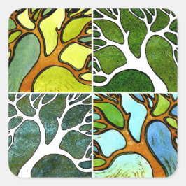 4 handgeschnitzte Bäume in Aquarell und Pen & Tint Quadratischer Aufkleber