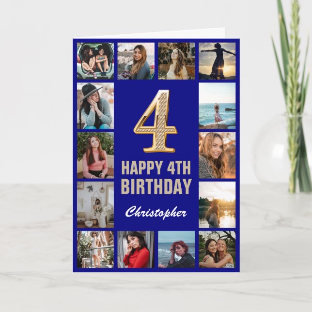 4. Happy Birthday Navy Blue & Gold Foto Collage Karte (Vorderseite)
