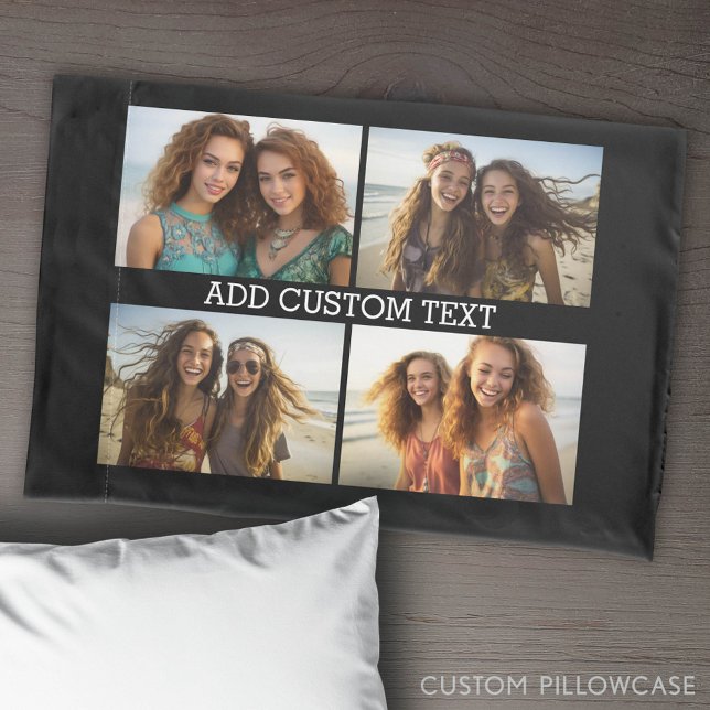 4 Horizontale FotoCollage mit einer Textzeile Kissenbezug (Custom Pillowcase with Photo Collage)