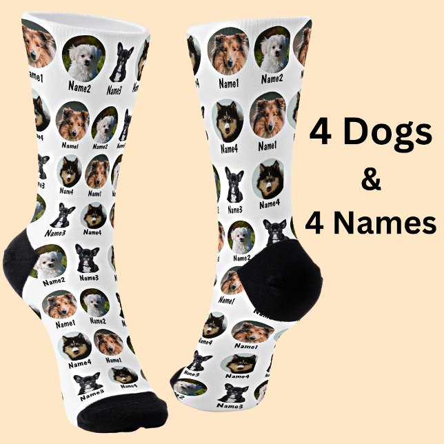 4 Hunde, 4 Namen, Hunde Foto - Personalisiert weiß Socken (Von Creator hochgeladen)