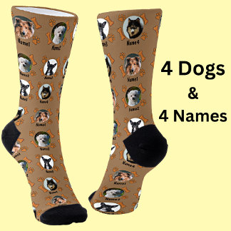 4 Hunde Fotos & 4 Namen + Knochen & Paw-Drucke bra Socken