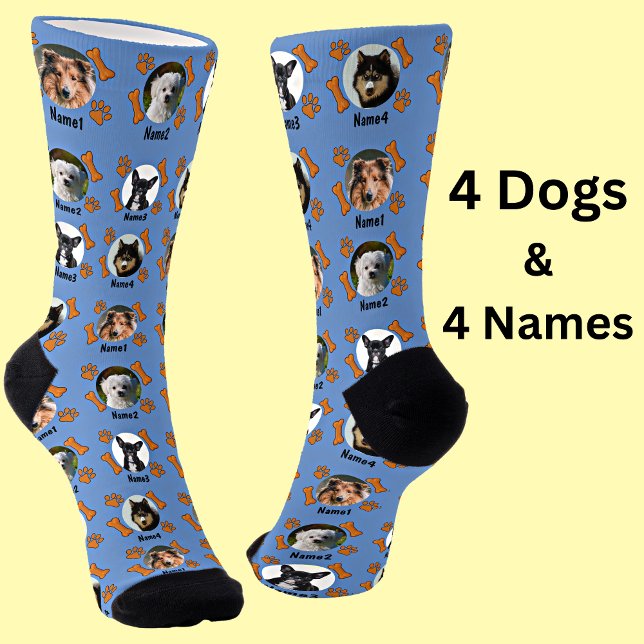 4 Hunde Fotos & 4 Namen + Knochen & Paw Prints Bla Socken (Von Creator hochgeladen)