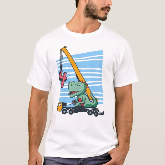 4 Jahre 4. Geburtstag Mobilkran Dinosaurier T-Shirt (Vorderseite)