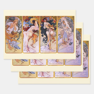 4 Jahreszeiten von Alphonse Mucha, Vintage Art Nou Geschenkpapier Set