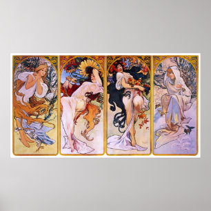 4 Jahreszeiten von Alphonse Mucha, Vintage Art Nou Poster