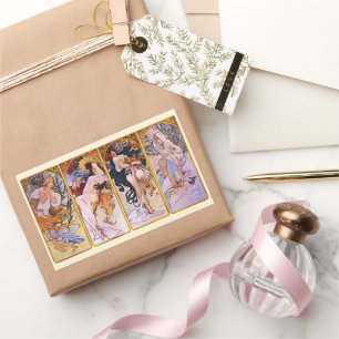 4 Jahreszeiten von Alphonse Mucha, Vintage Art Nou Rechteckiger Aufkleber