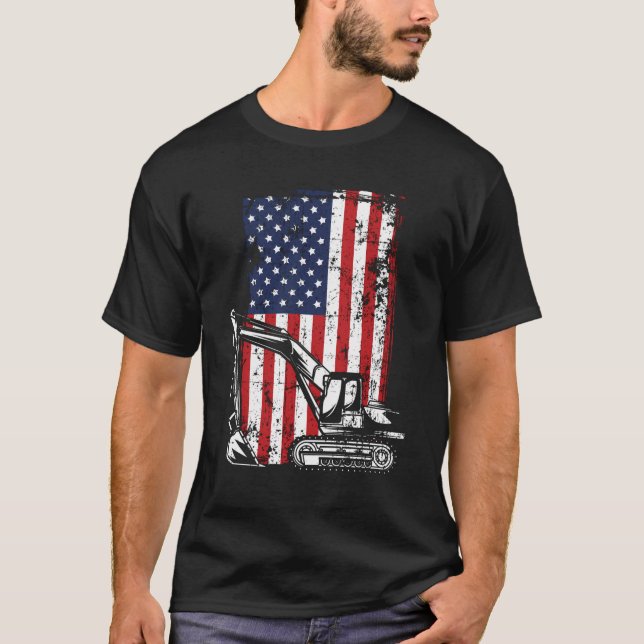 4. Juli American Flag Construction Backhoe Exc T-Shirt (Vorderseite)