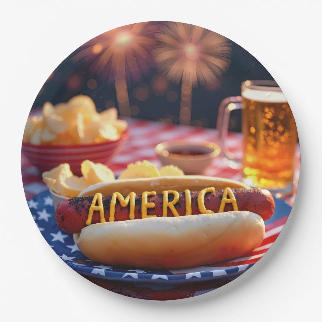 4. Juli American Hot Dog and Beer Pappteller (Vorderseite)
