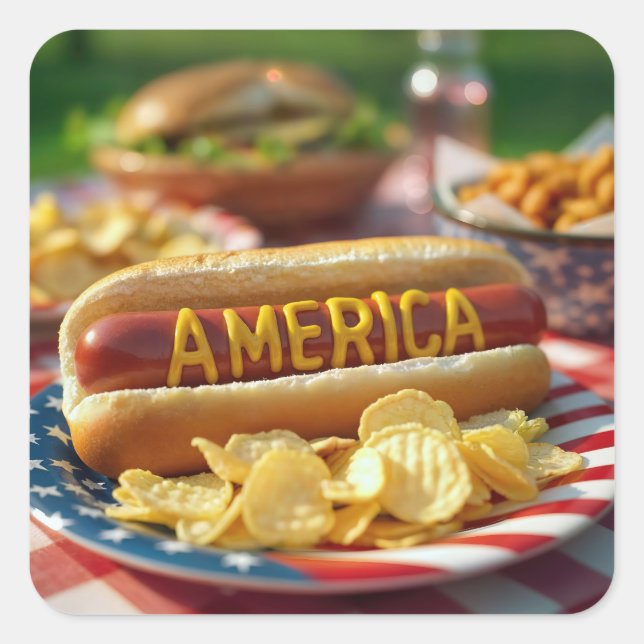 4. Juli American Hot Dog Quadratischer Aufkleber (Vorderseite)