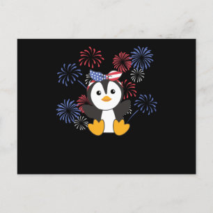 4. Juli American Pinguin Kids USA Feuerwerk Postkarte