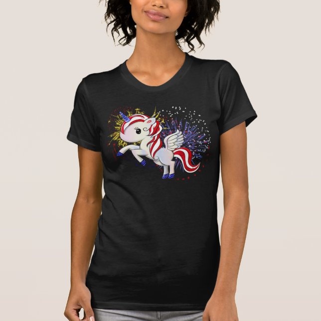4. Juli American Unicorn Pegasus Rainbow Feuerwerk T-Shirt (Vorderseite)