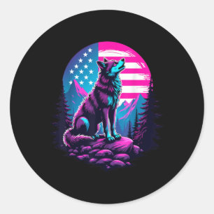 4. Juli Amerikanische Flagge Howling Wolf unter US Runder Aufkleber
