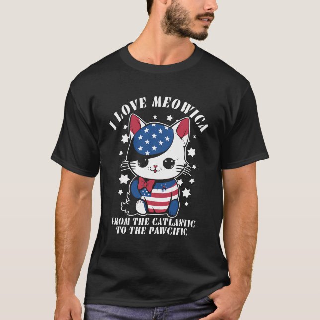 4. Juli Amerikanische Flagge I Liebe Meowica Katze T-Shirt (Vorderseite)