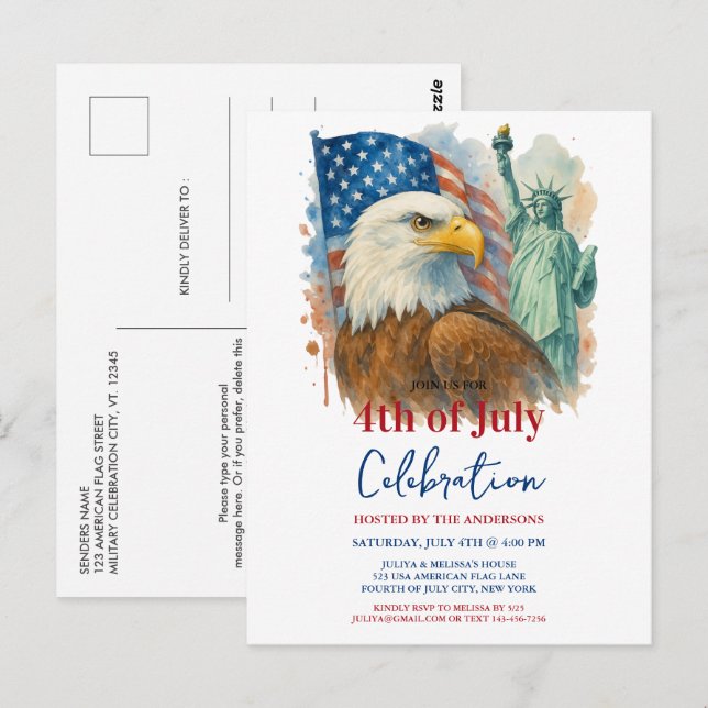 4. Juli Aquarell Adler Patriotisches Party Postkarte (Vorne/Hinten)