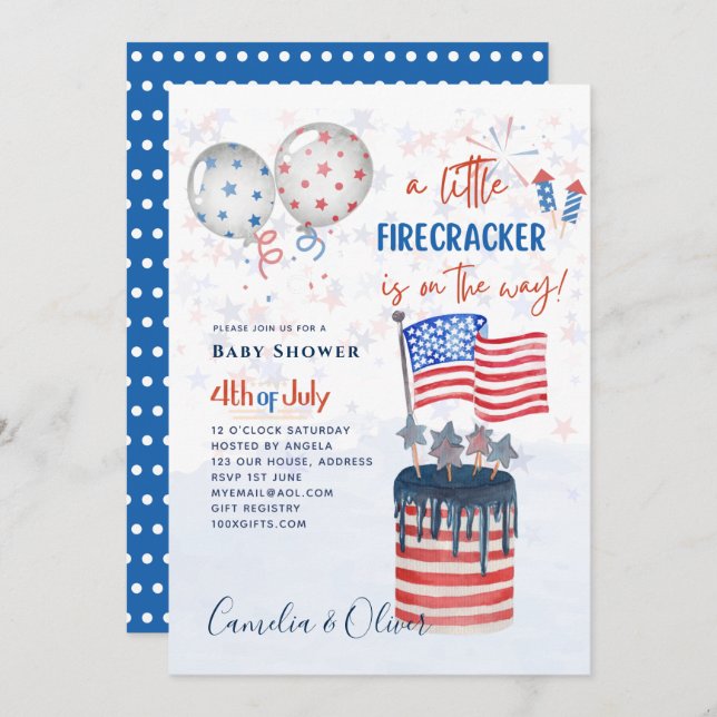 4. Juli BABY SHOWER INVITE Firecracker Cake Flag Einladung (Vorne/Hinten)