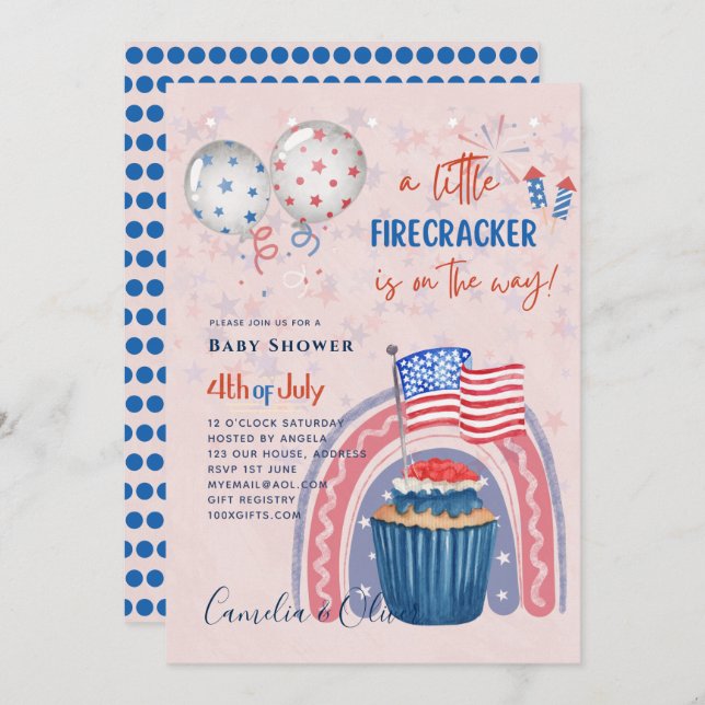 4. Juli BABY SHOWER INVITE Firecracker Cupcake Einladung (Vorne/Hinten)