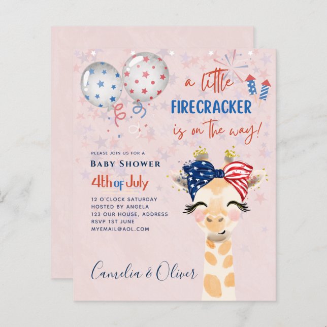 4. Juli BABY SHOWER INVITE Firecracker Giraffe (Vorne/Hinten)