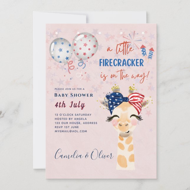 4. Juli BABY SHOWER INVITE Firecracker Giraffe Einladung (Vorderseite)