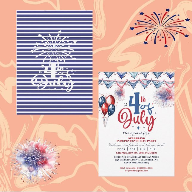 4 Juli Ballon Moderne Kalligraphie Party Einladung (4th July Calligraphy Independence Party Invitation)