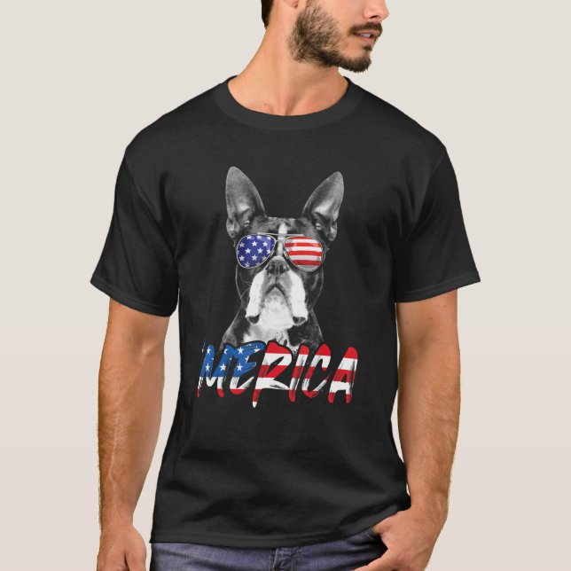 4. Juli Boston Terrier Merica American Flag Patri T-Shirt (Vorderseite)